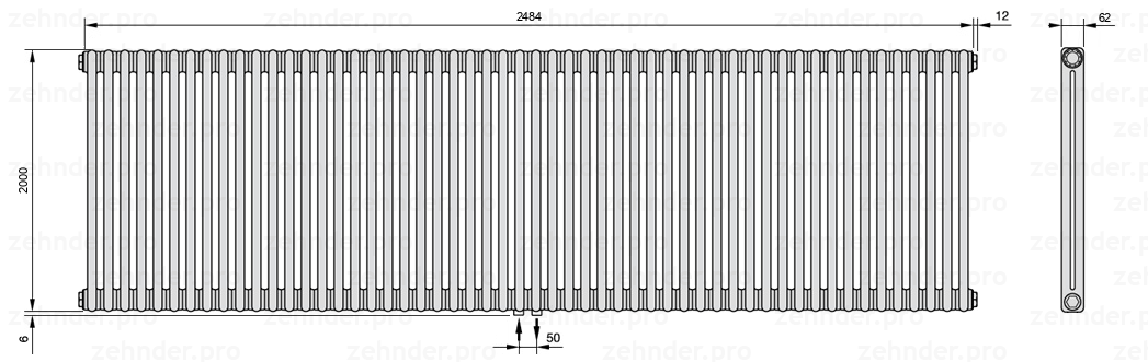 Схема (чертеж) Радиатор Zehnder Charleston 2200/54 №3470 Белый глянцевый RAL 9016